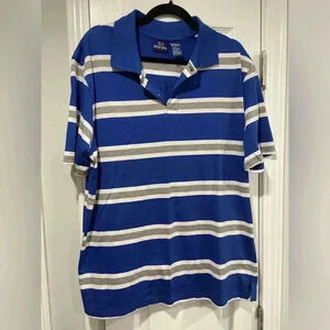 Bugle Boy Men’s Blue White Stripe Short Sleeve cotton Blend Polo Shirt Size L